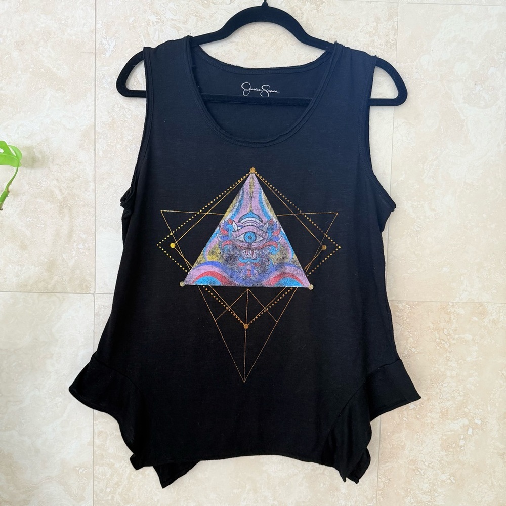 Jessica Simpson Black Graphic Tank Top Medium EUC